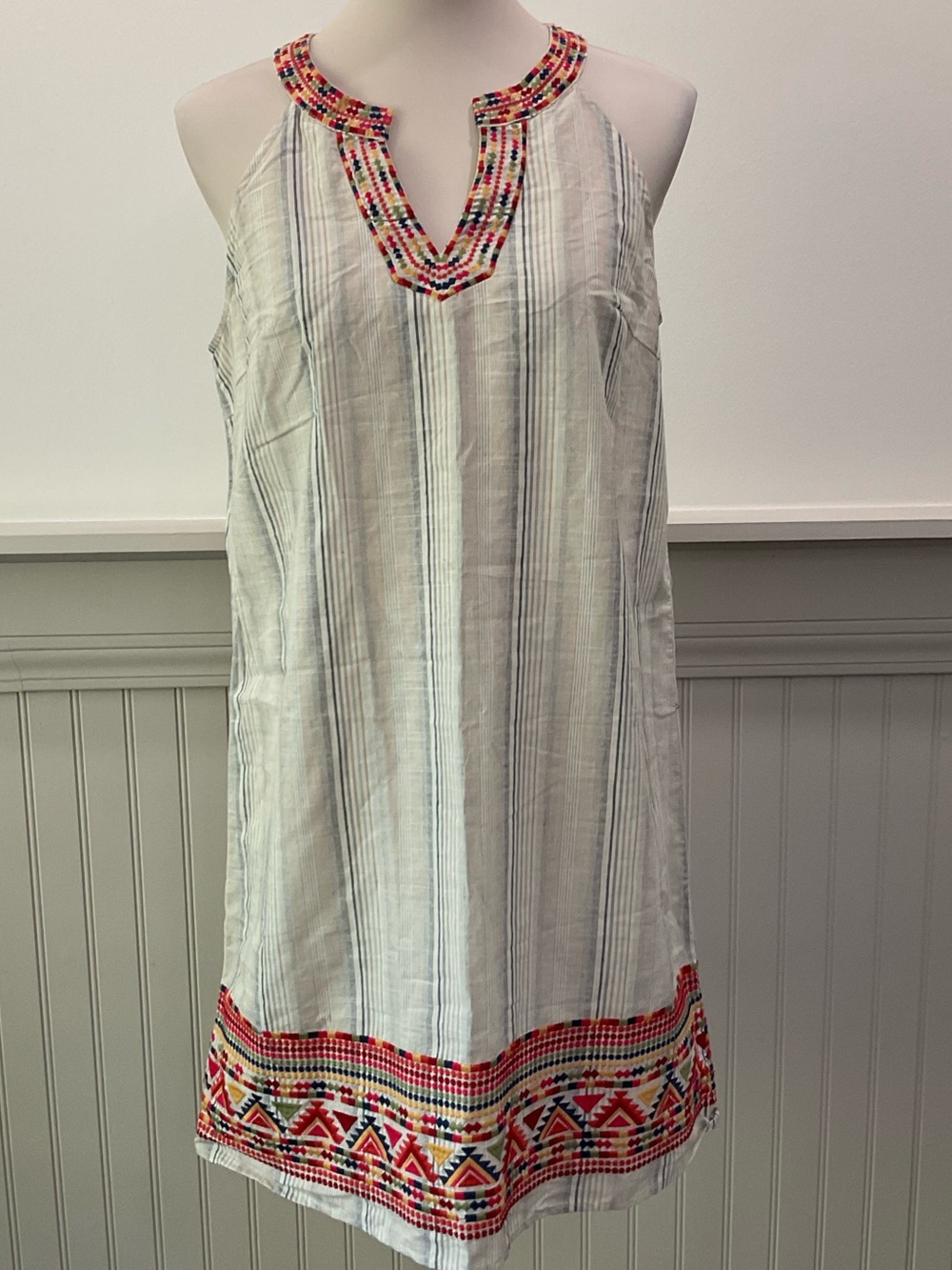 Savanna Jane Embroidered Sleeveless Dress Medium Boho Stripe Cotton Tunic Mini